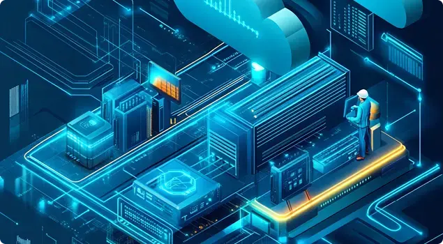 Cloud infrastructure with a digital interface representing customized cloud solutions for security and cost-efficiency.