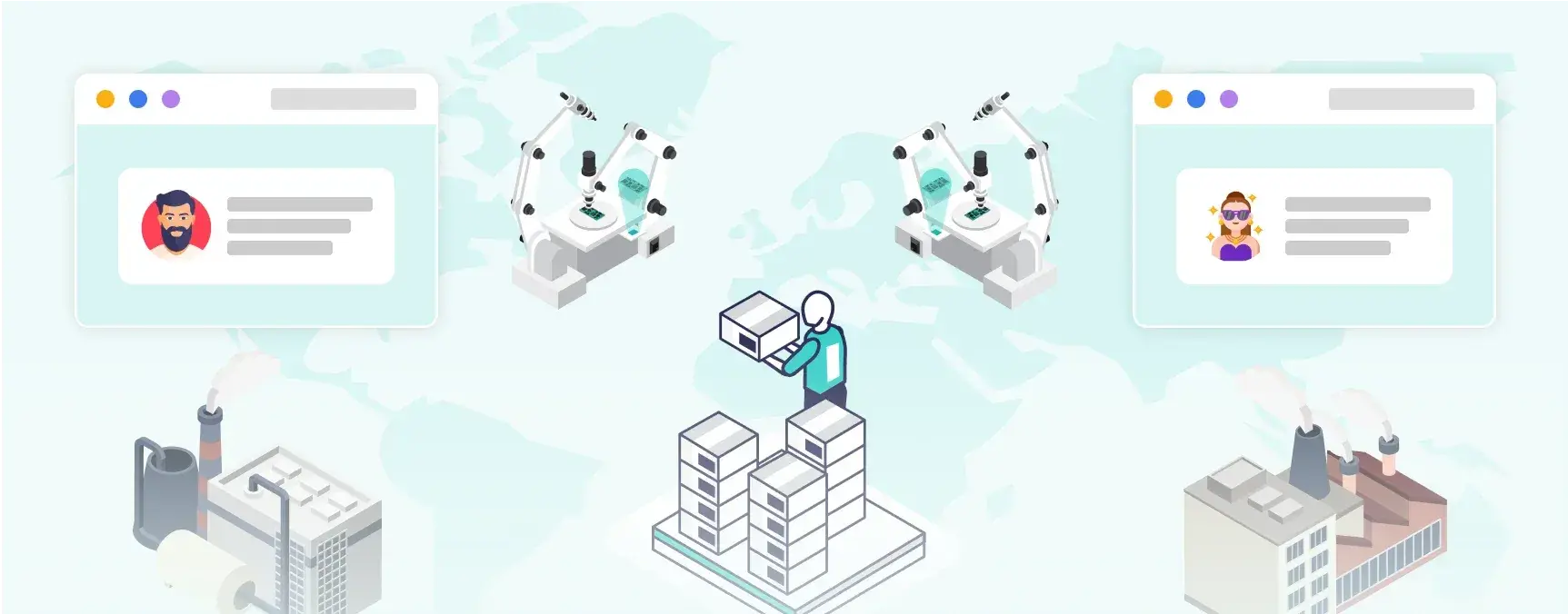 Person managing stacked boxes with robotic arms, with two factory buildings and user profile windows on a world map.